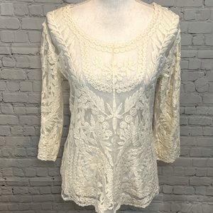 CYNTHIA ROWLEY Gorgeous 3/4 Sleeve Lace Top-Small